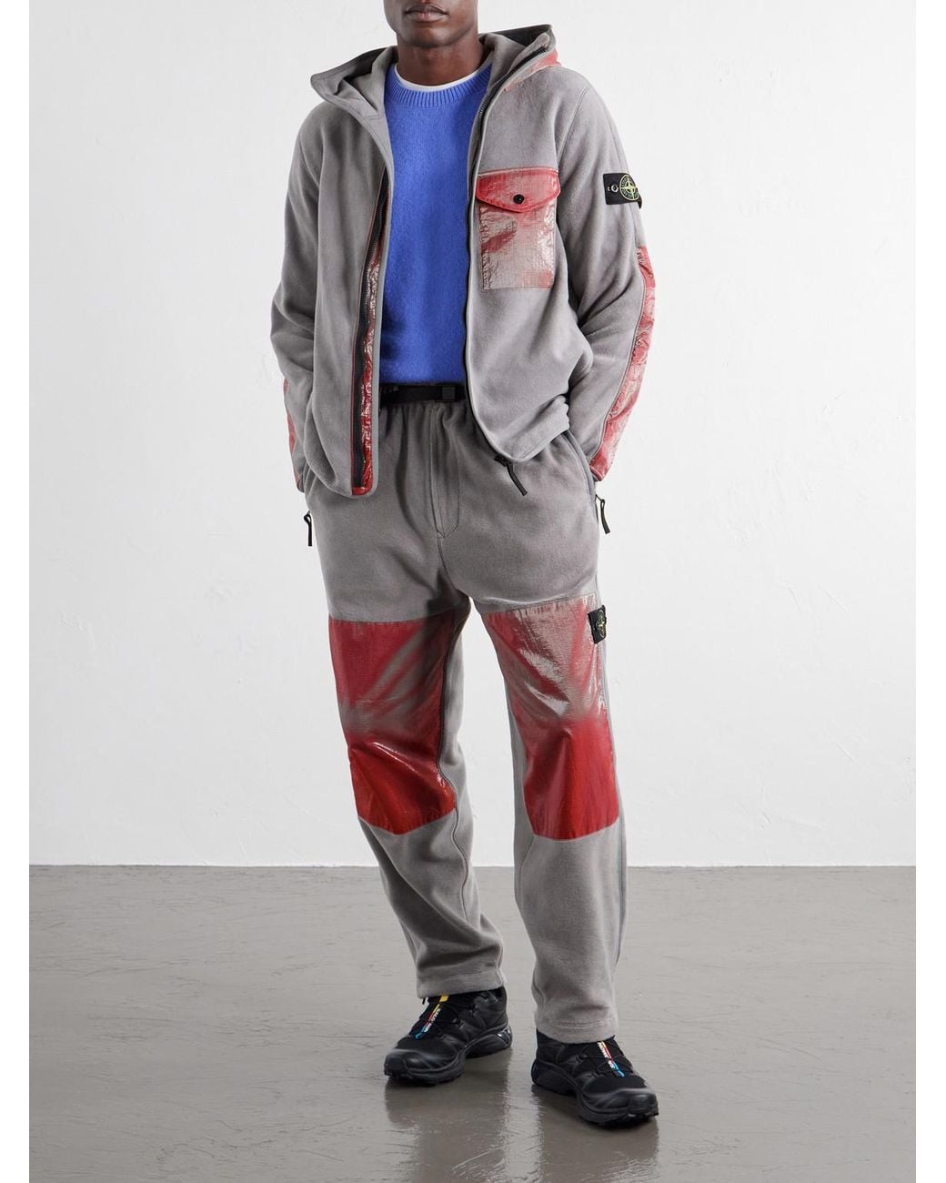 Stone Island Red Straight-Leg Belted Heat-Reactive Ripstop-Trimmed Brushed Cotton-Blend Fleece Trousers for men
