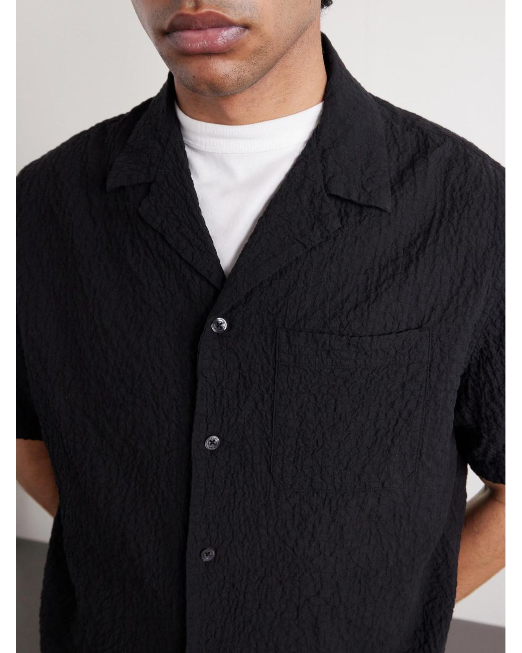 Altea Black Hadley Seersucker Cotton Shirt for men
