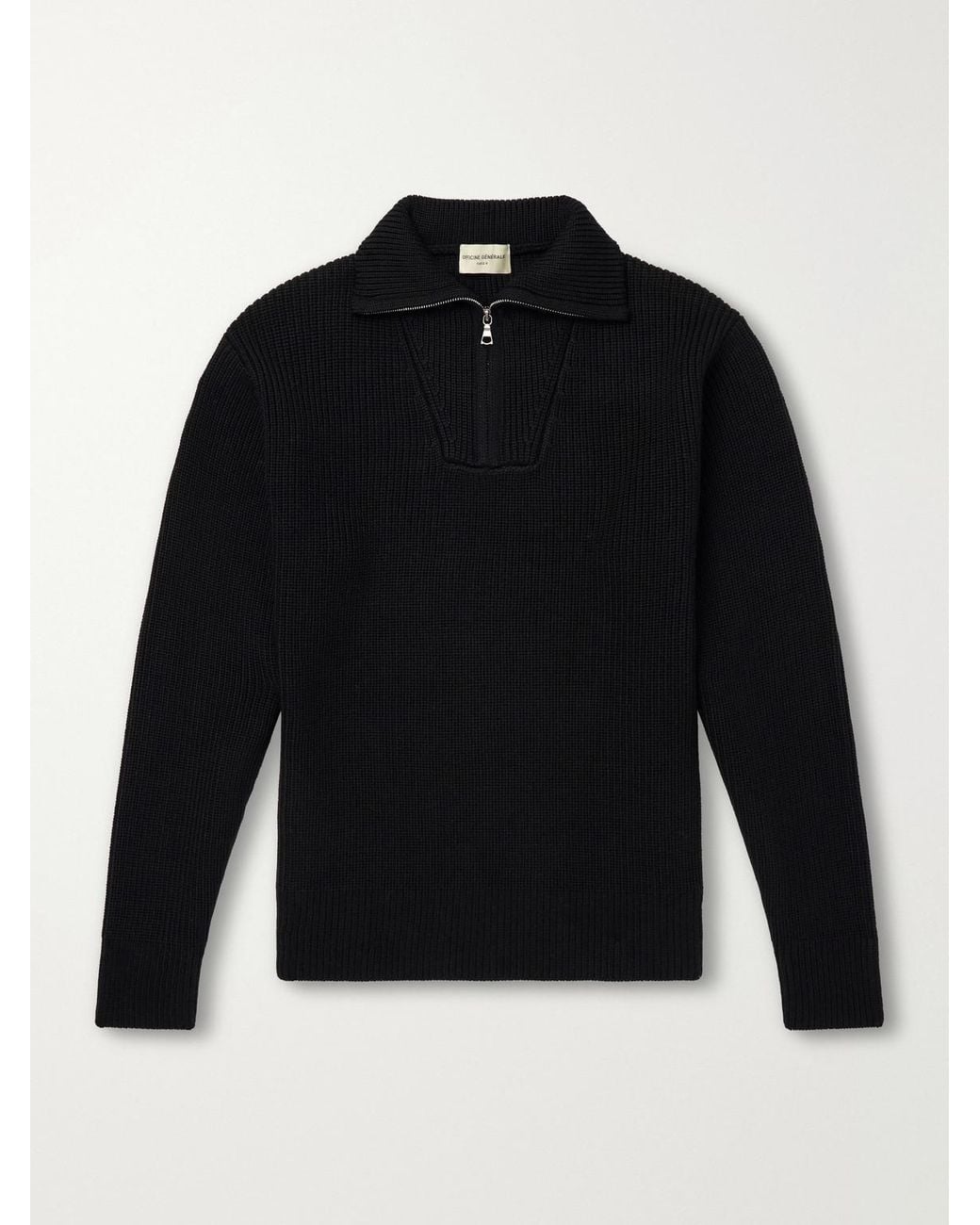 Officine Generale Black Tarek Ribbed Merino Wool Half-Zip Sweater for men