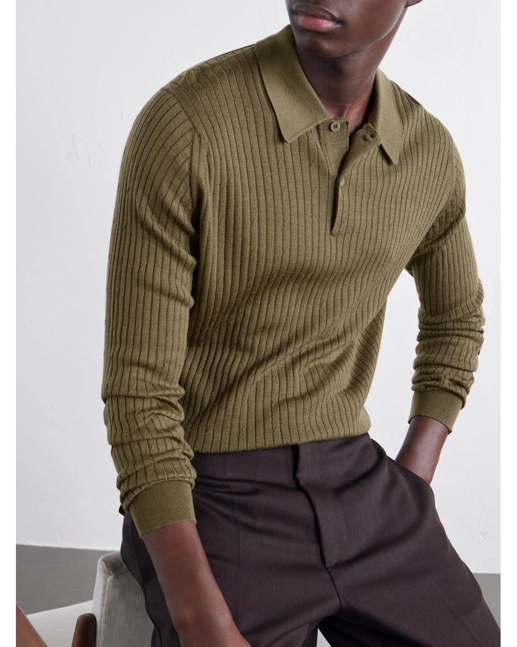 John Smedley Green Hodson Ribbed Merino Wool Polo Shirt for men