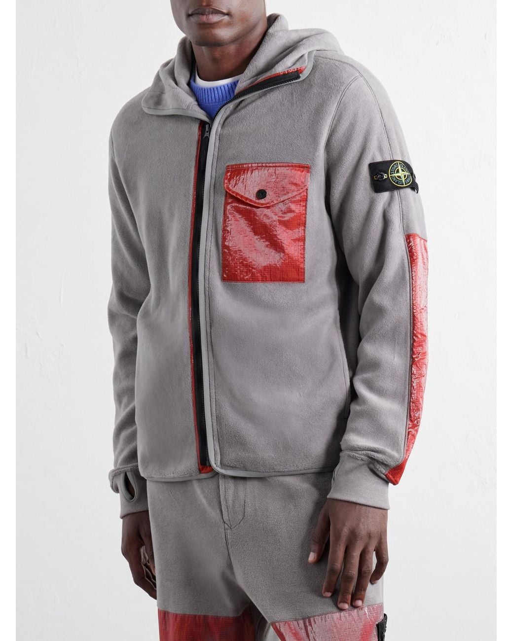 Stone Island Gray Heat-Reactive Ripstop-Trimmed Brushed Cotton-Blend Fleece Zip-Up Hoodie for men