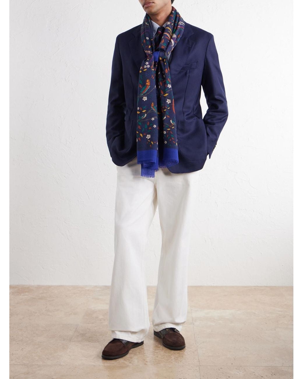 Drake's Blue Printed Wool Gauze Scarf for men