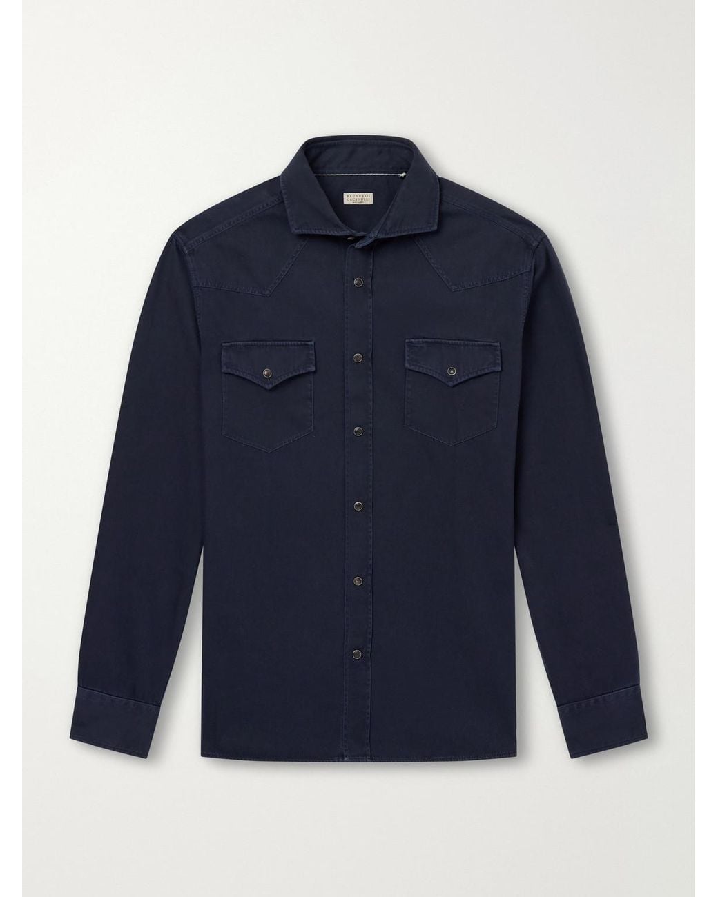 Brunello Cucinelli Blue Cotton-Canvas Western Shirt for men