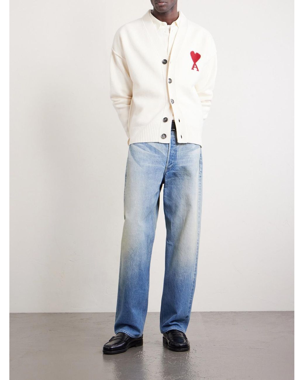 AMI Natural Logo-Intarsia Merino Wool Cardigan for men