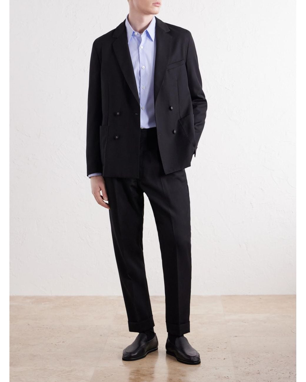 Officine Generale Blue Hugo Tapered Pleated Belted Virgin Wool-Hopsack Trousers for men