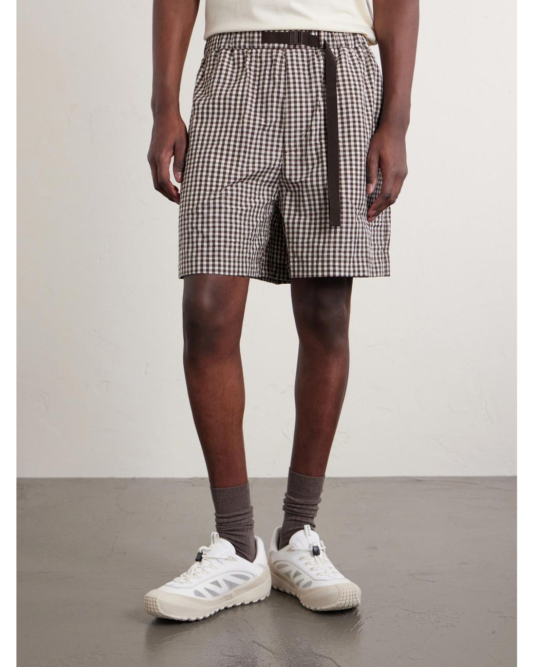 Moncler Brown Straight-Leg Belted Checked Cotton-Blend Shorts for men