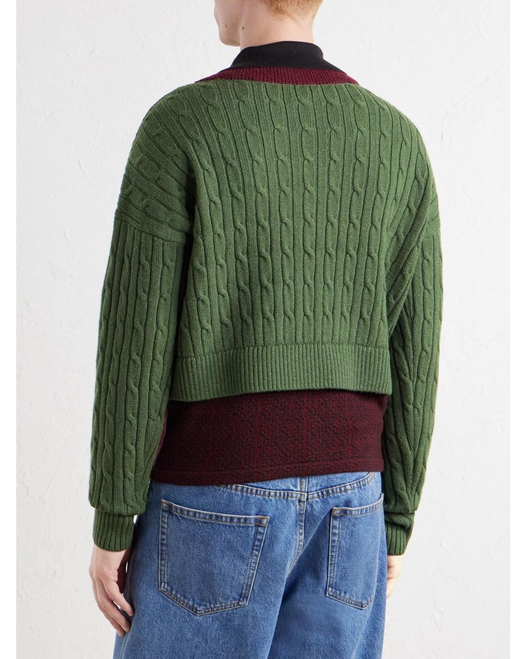 Dries Van Noten Green Jacquard-trimmed Cable-knit Wool And Cotton-blend Sweater for men