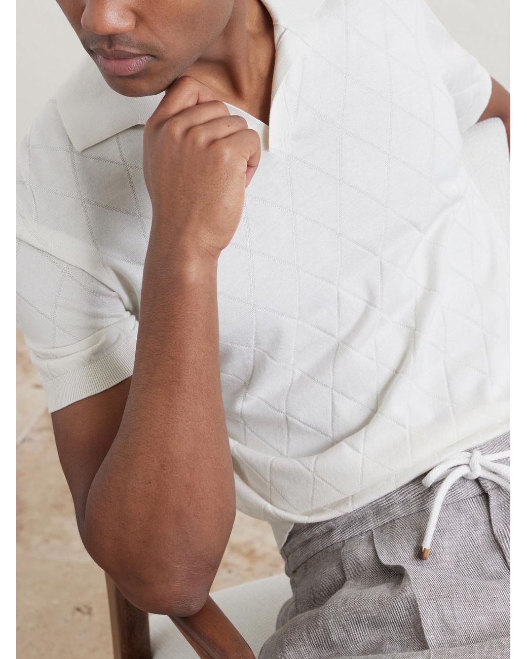 Brunello Cucinelli White Open-Collar Knitted Cotton Polo Shirt for men
