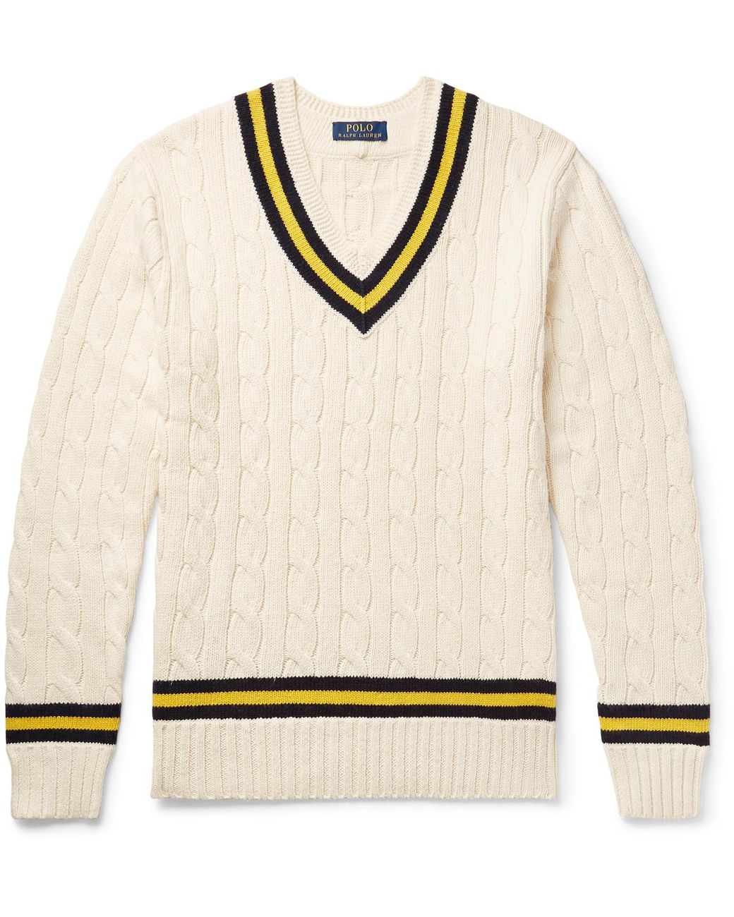 Polo Ralph Lauren Striped Cable-knit Cotton And Cashmere-blend Sweater ...
