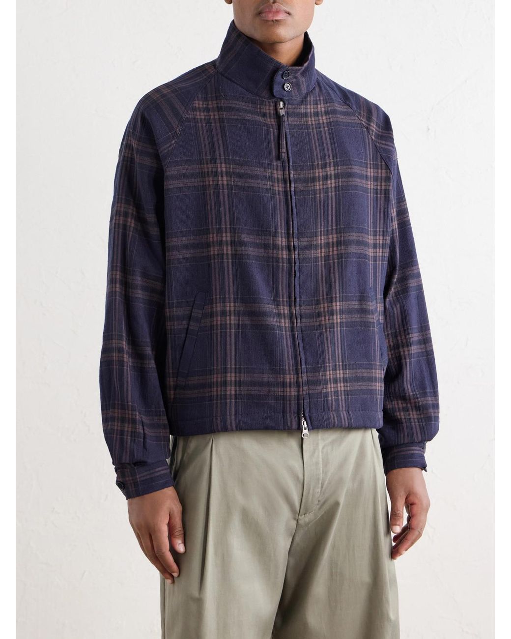 Kardo Blue Stanley Embroidered Checked Cotton Bomber Jacket for men
