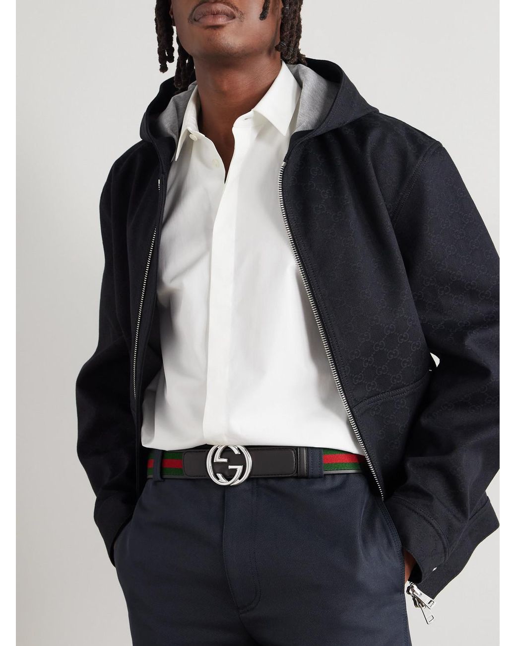 Gucci Black 4Cm Webbing-Trimmed Leather Belt for men
