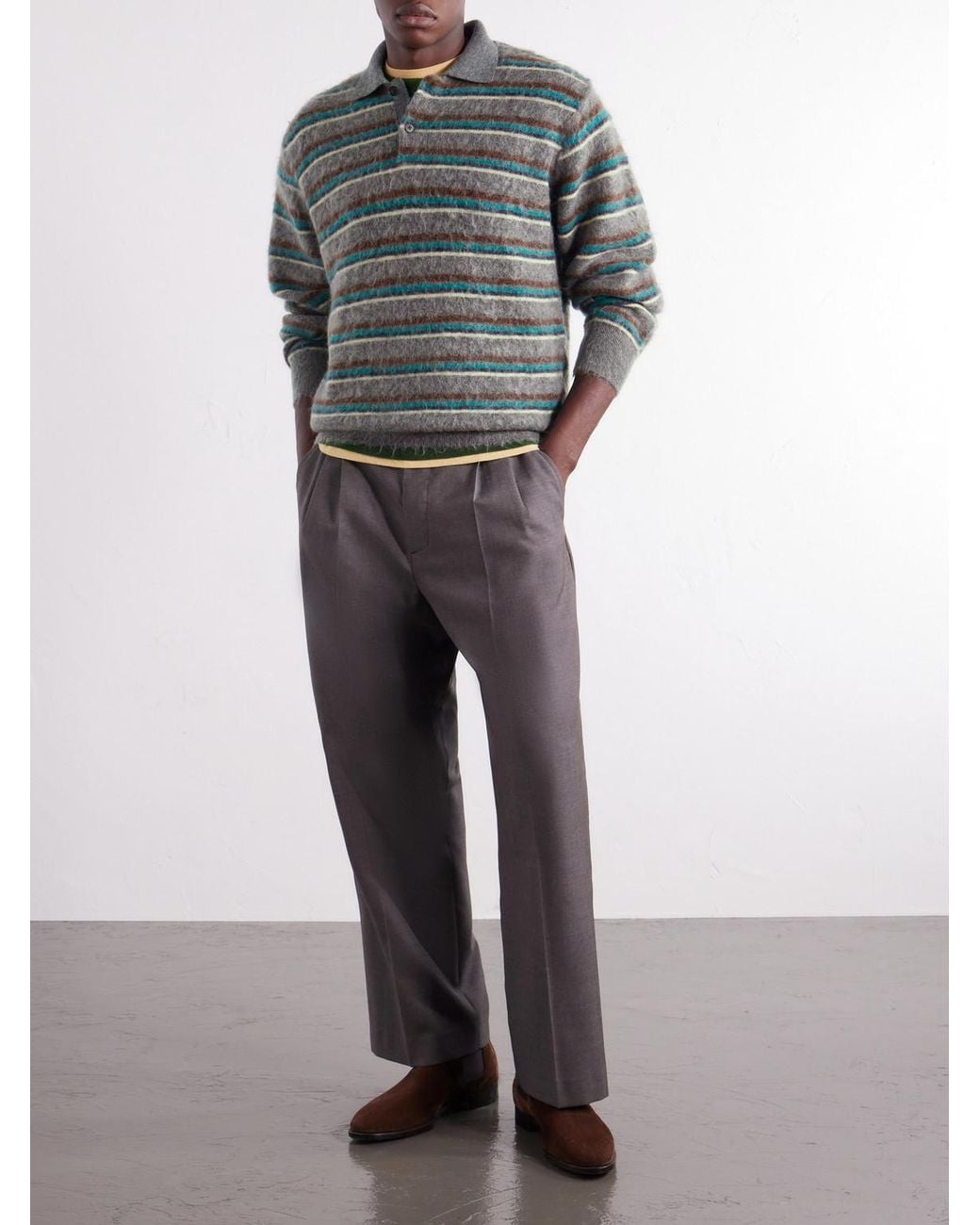 Ssstein Gray Striped Brushed-Knit Polo Shirt for men