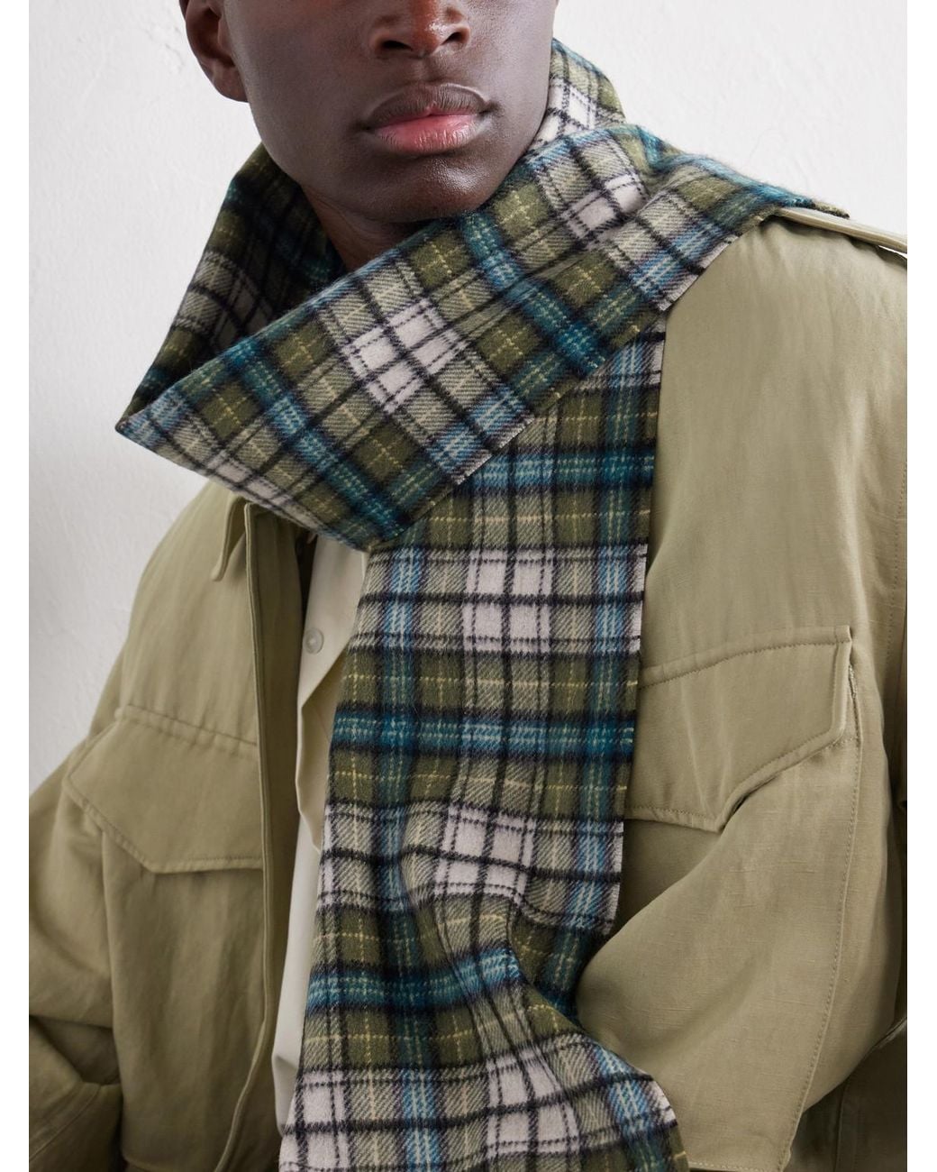 Auralee Green Fringed Checked Cashmere Scarf for men