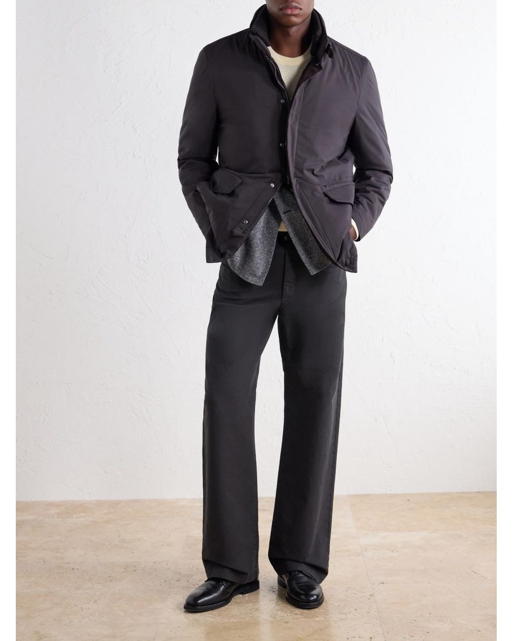Thom Sweeney Gray Suede And Rib-Trimmed Padded Shell Coat for men