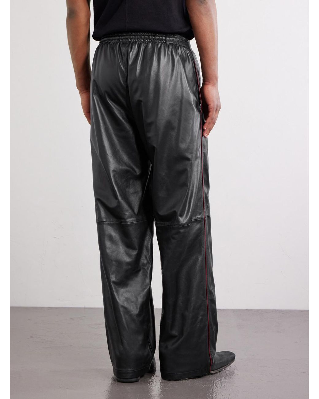 Balenciaga Black Straight-Leg Logo-Print Leather Sweatpants for men