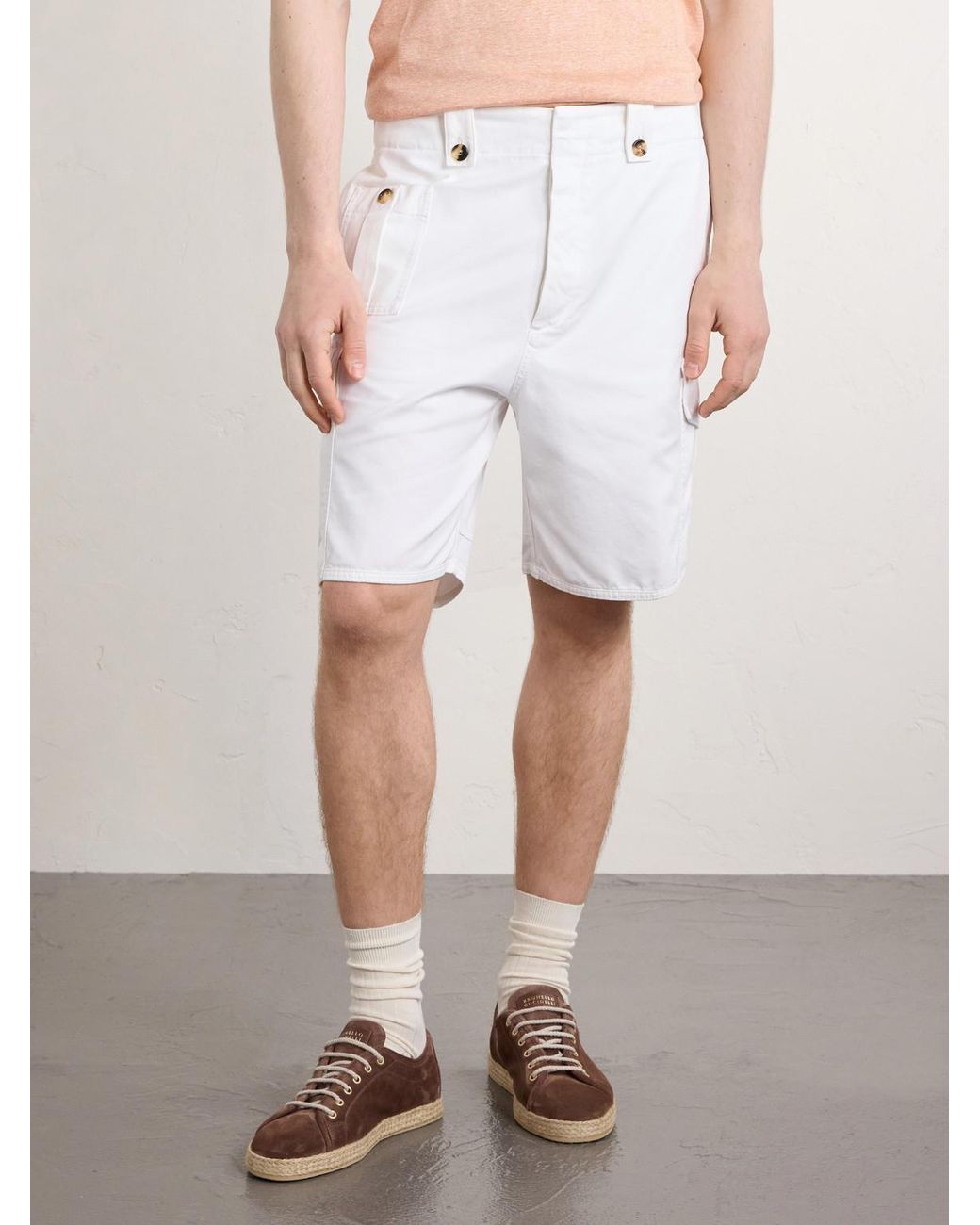 Brunello Cucinelli White Straight-Leg Cotton-Twill Cargo Shorts for men