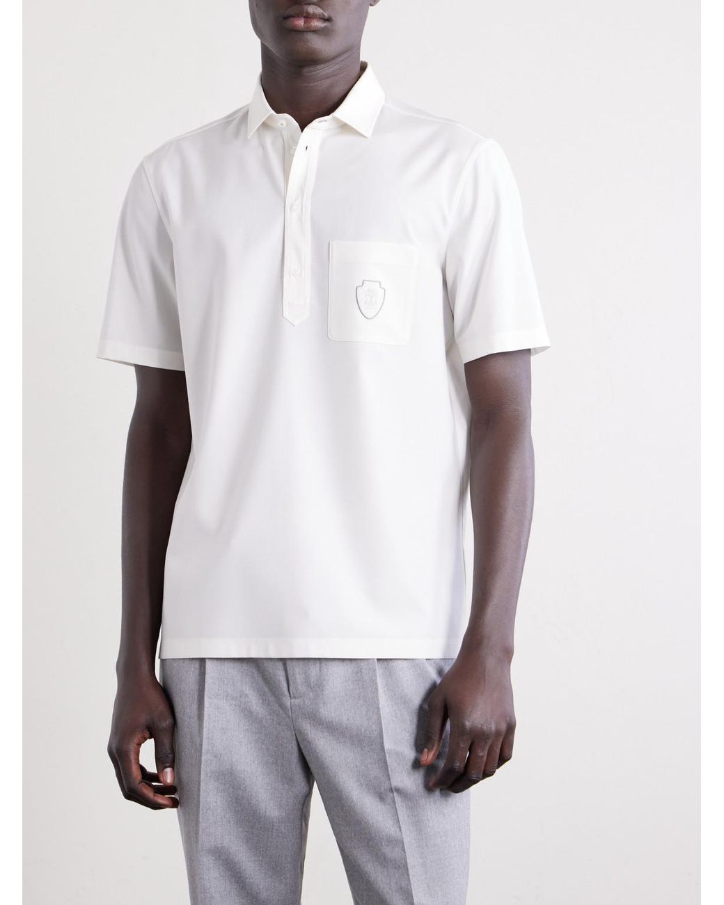 Brunello Cucinelli White Logo-Appliquéd Wool Polo Shirt for men
