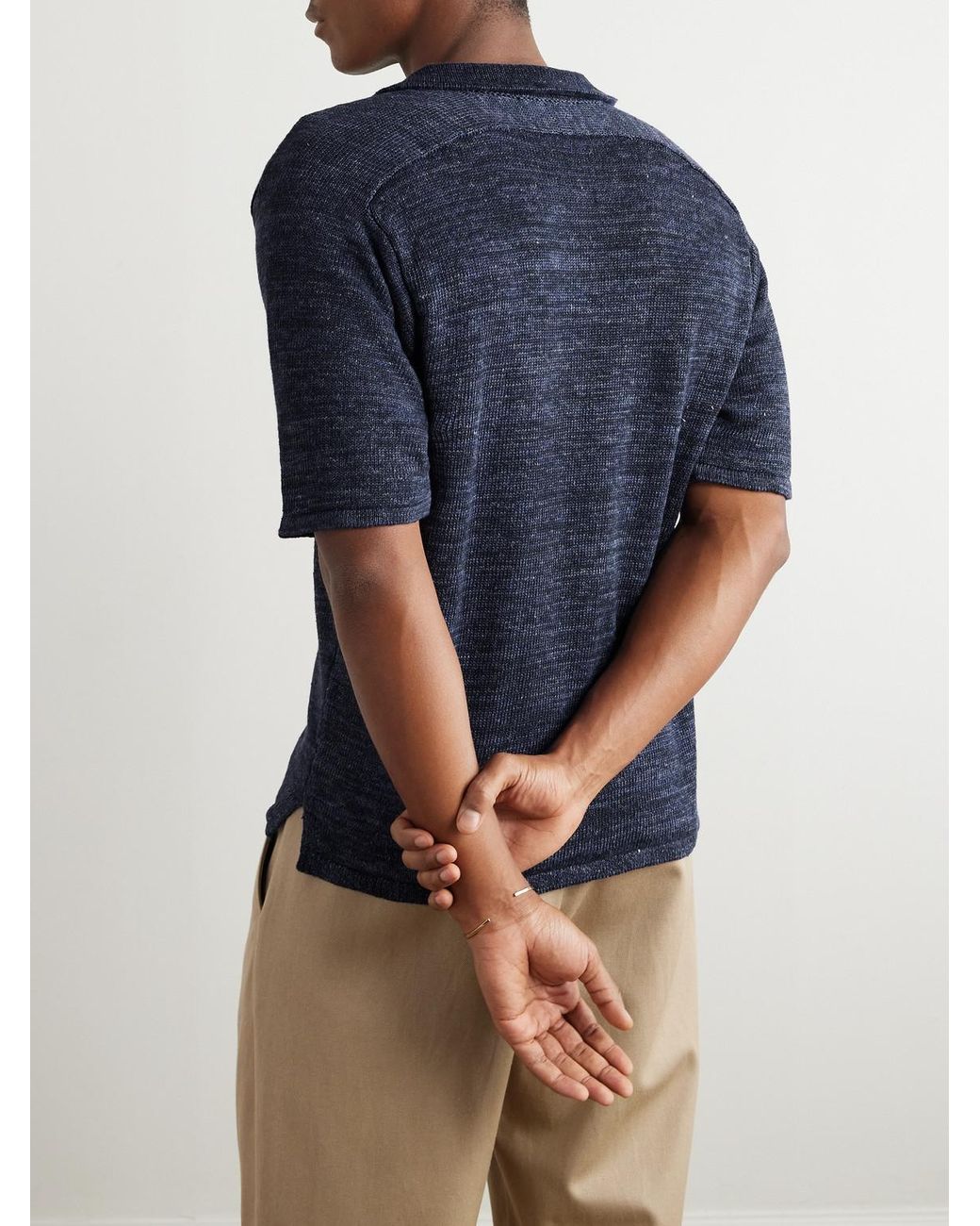 Inis Meáin Blue Knitted Linen Polo Shirt for men