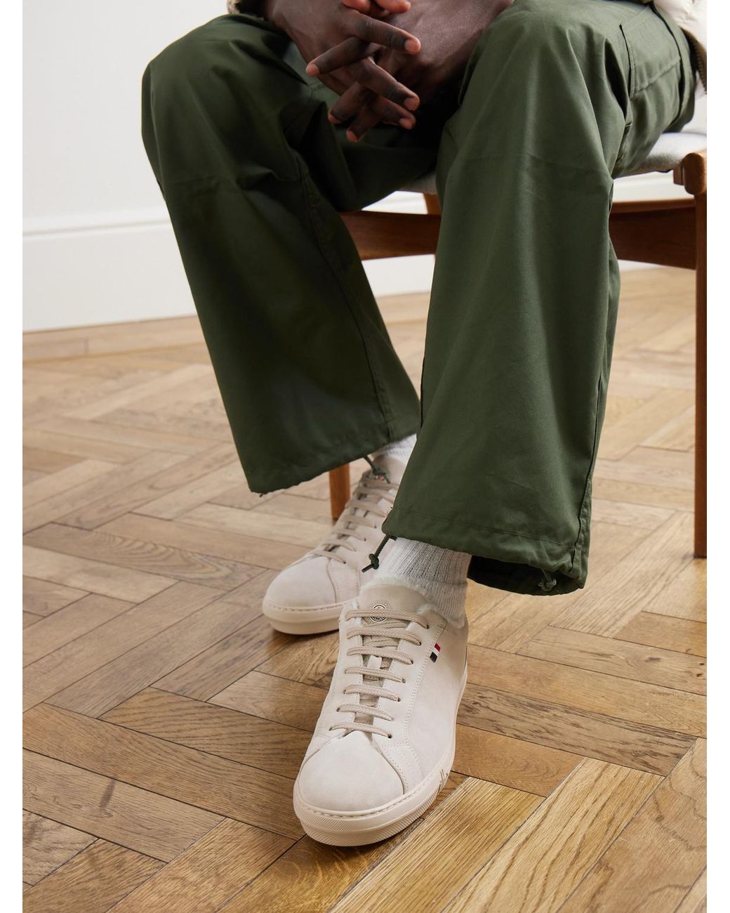 Moncler Natural New Monaco Shearling-Lined Suede Sneakers for men
