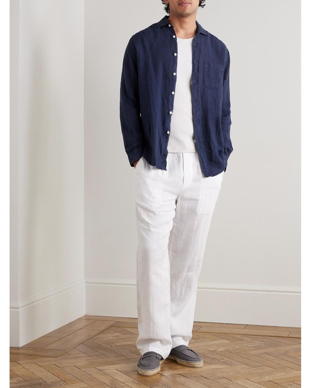James Perse White Straight-Leg Garment-Dyed Linen Drawstring Trousers for men