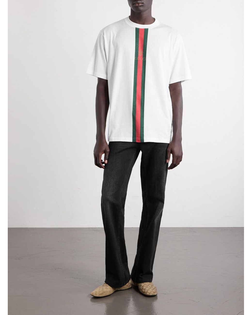 Gucci White Webbing-Printed Cotton-Jersey T-Shirt for men
