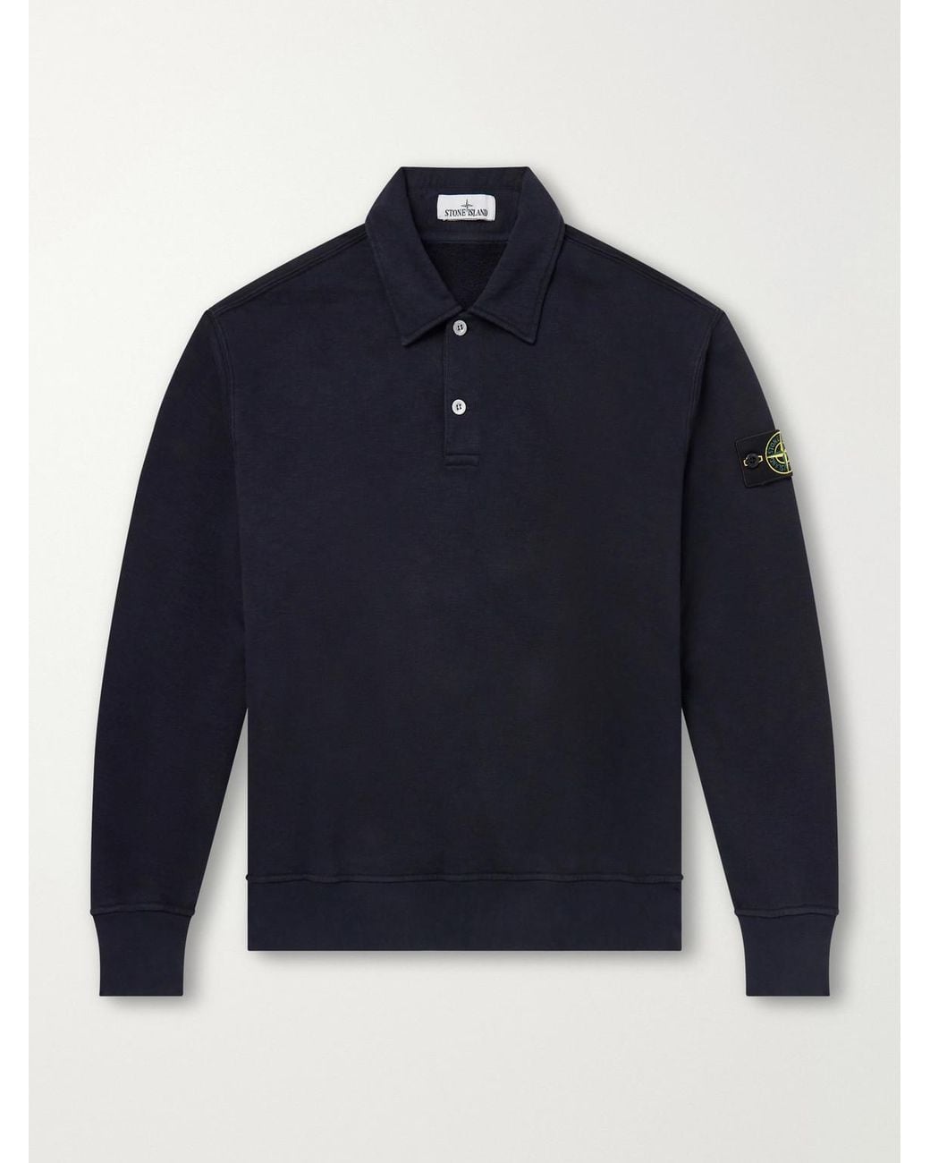 Stone Island Blue Garment-Dyed Tubular Cotton-Fleece Polo Sweater for men