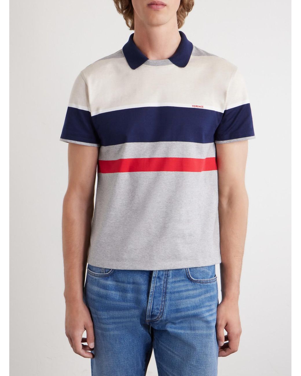 Versace Blue Logo-Embroidered Striped Cotton-Jersey Polo Shirt for men