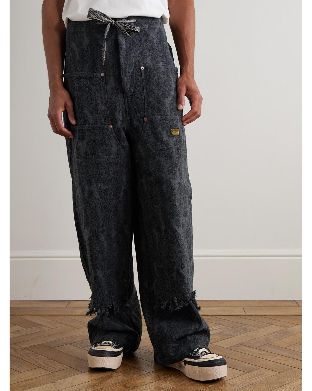 Kapital Black Magpie Easy Straight-Leg Cotton-Jacquard Drawstring Trousers for men
