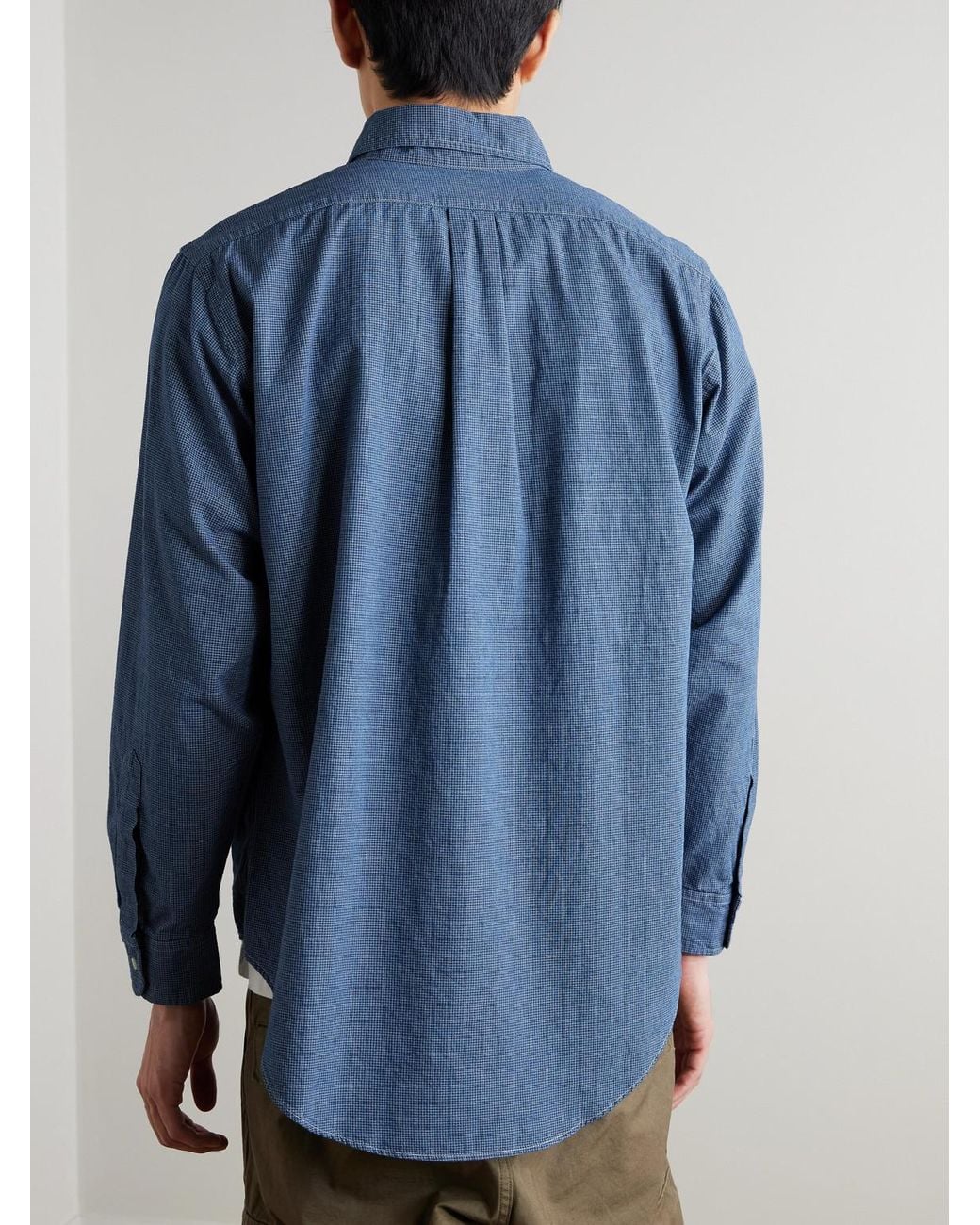 Orslow Blue Button-Down Collar Checked Cotton-Chambray Shirt for men