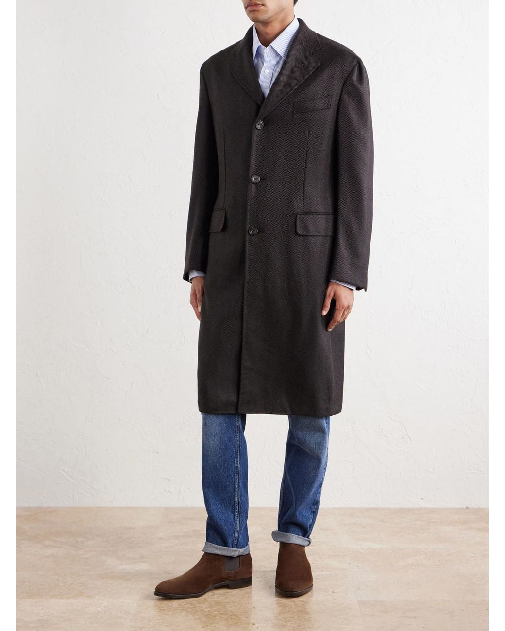 Thom Sweeney Black Herringbone Wool Coat for men