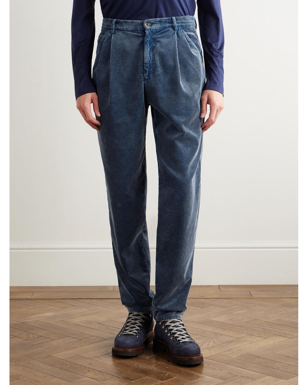 Brunello Cucinelli Blue Tapered Cotton-Corduroy Trousers for men