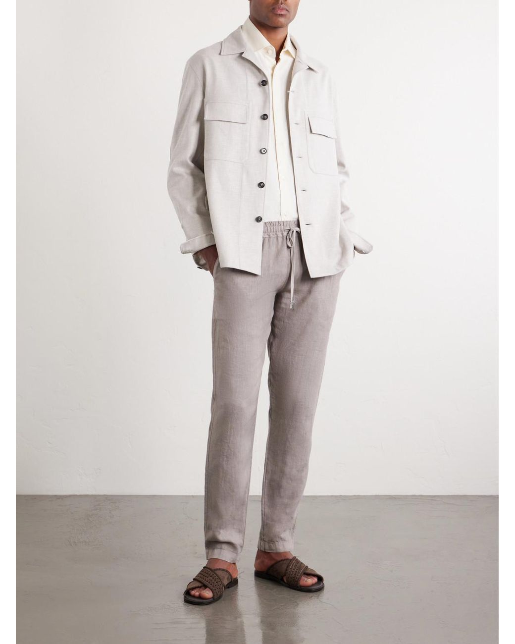Thom Sweeney Gray Straight-leg Linen Drawstring Trousers for men