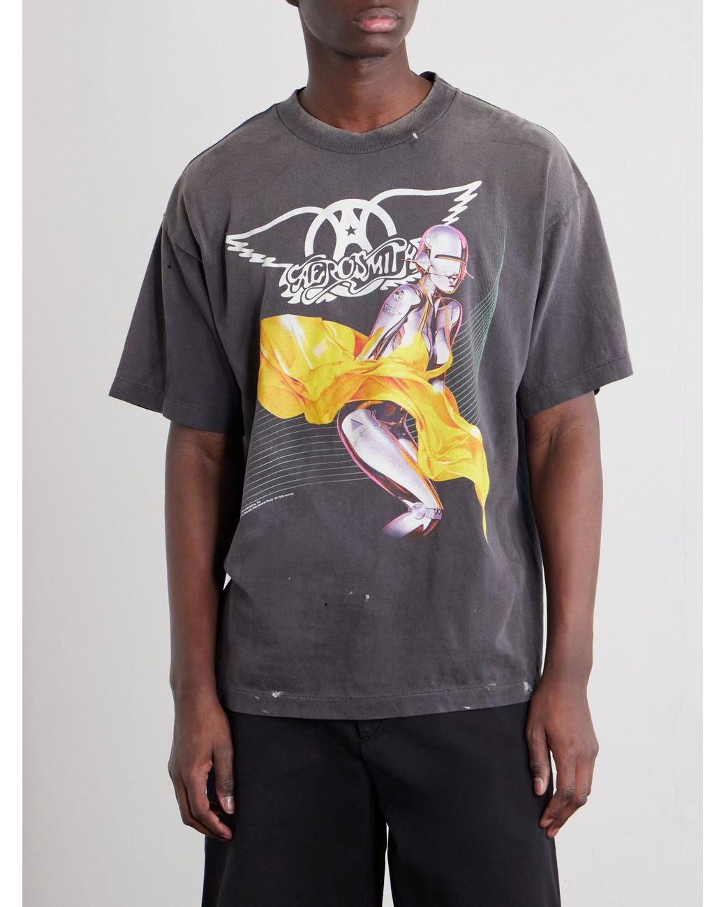 SAINT Mxxxxxx Gray Aerosmith Paint-Splattered Printed Cotton-Jersey T-Shirt for men