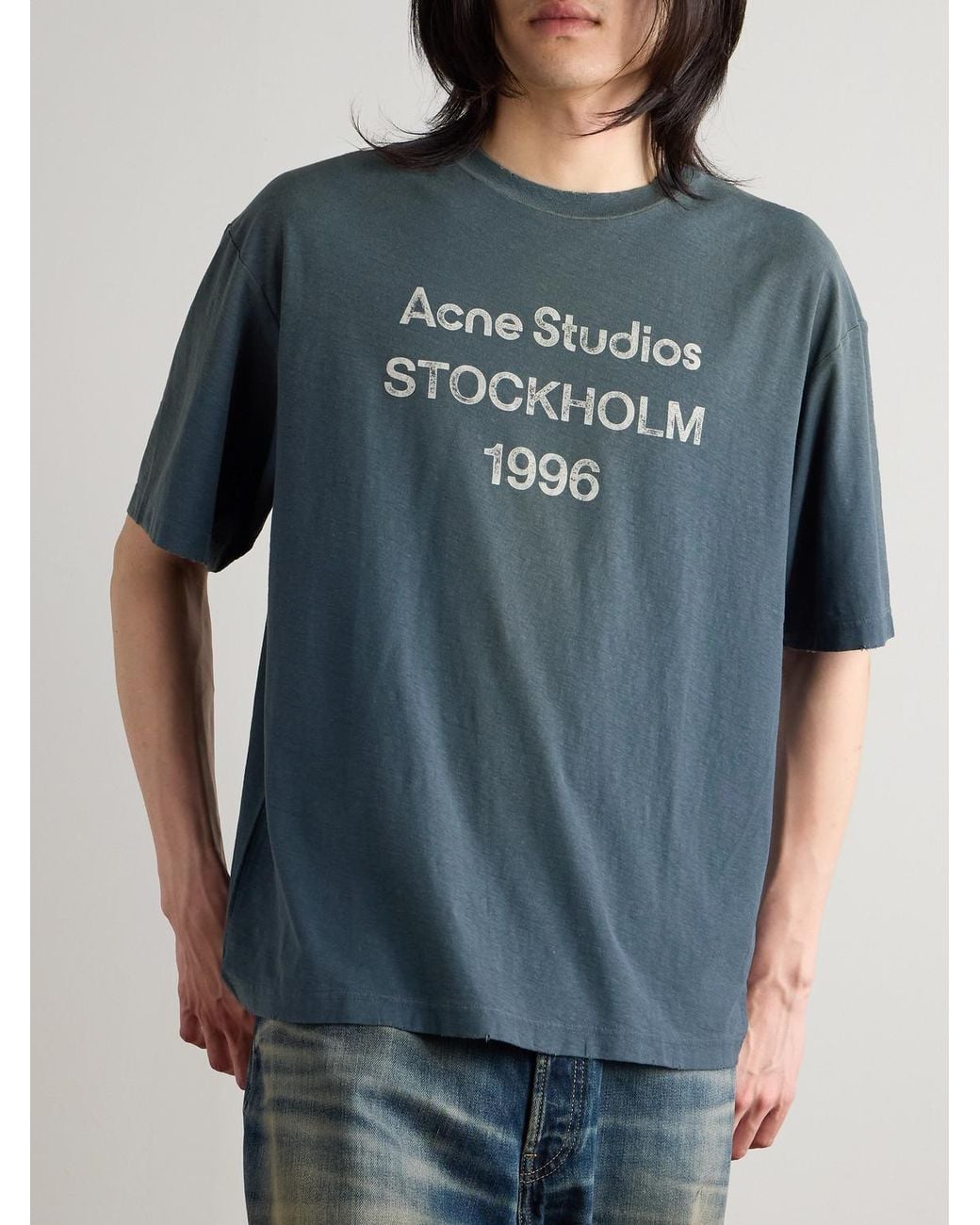 Acne Blue Exford Distressed Logo-Print Cotton And Hemp-Blend Jersey T-Shirt for men