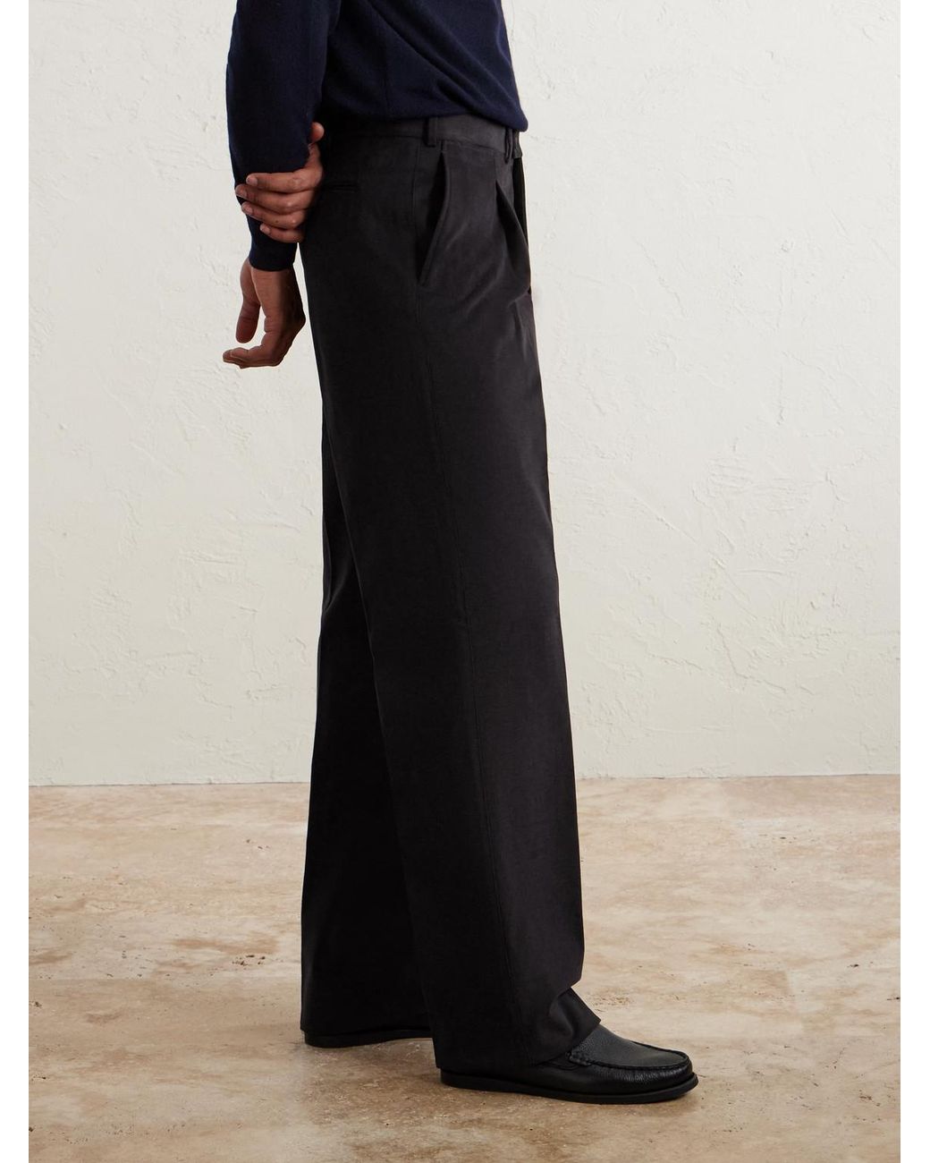 Saman Amel Black Amo Straight-Leg Brushed Cotton-Blend Twill Sui Trousers for men