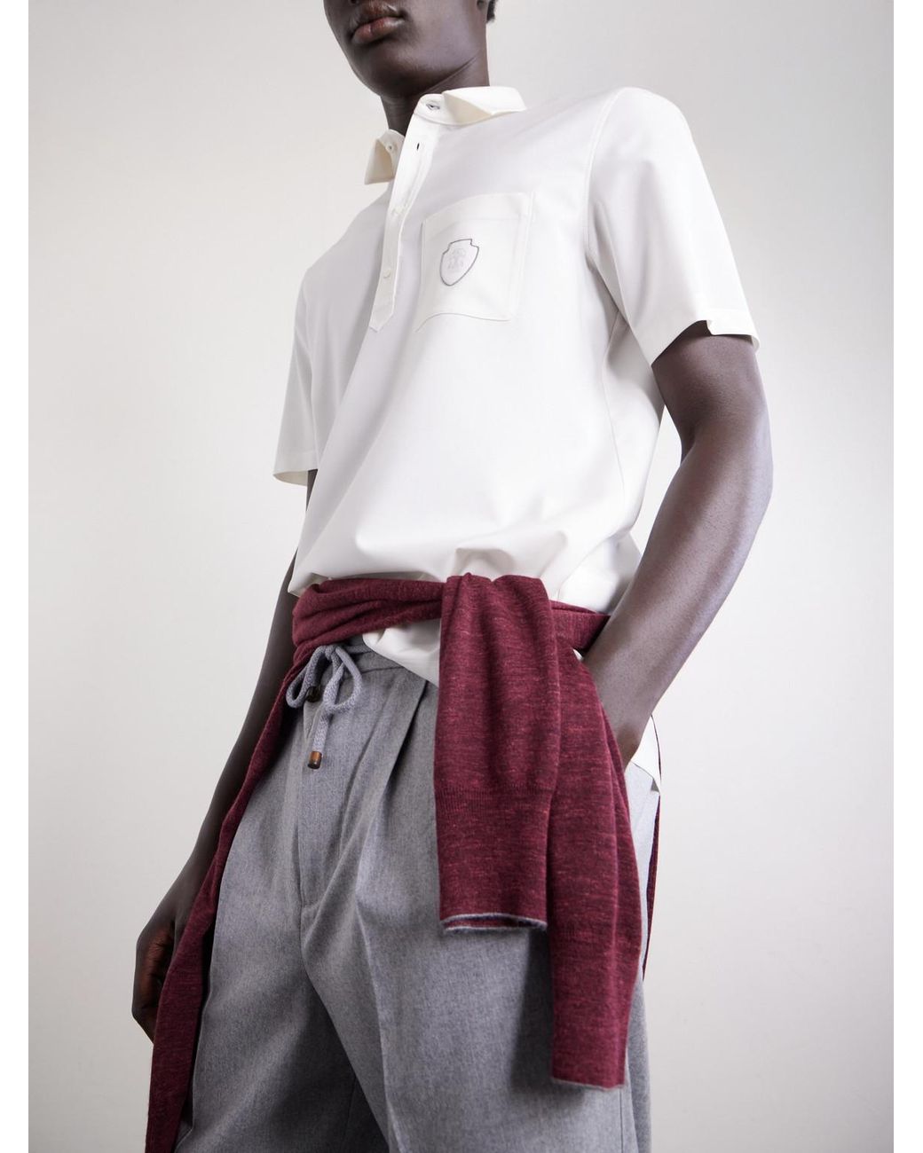 Brunello Cucinelli White Logo-Appliquéd Wool Polo Shirt for men