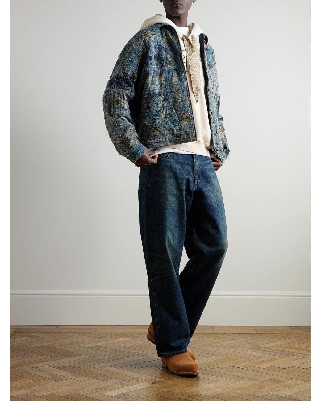 Kapital Blue Boro Distressed Patchwork Denim Jacket for men
