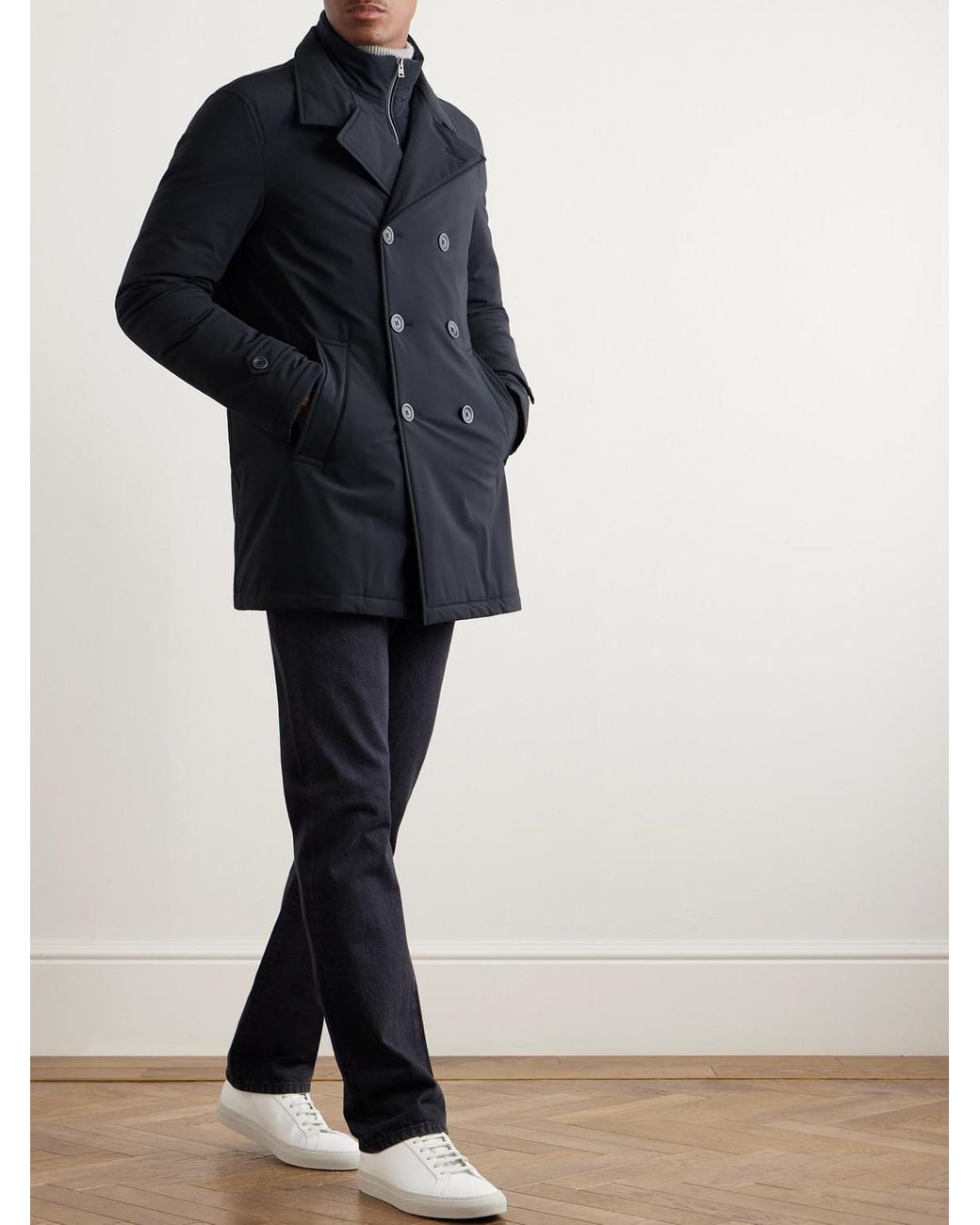 Herno Blue Double-Breasted Padded Stretch-Shell Down Peacoat for men