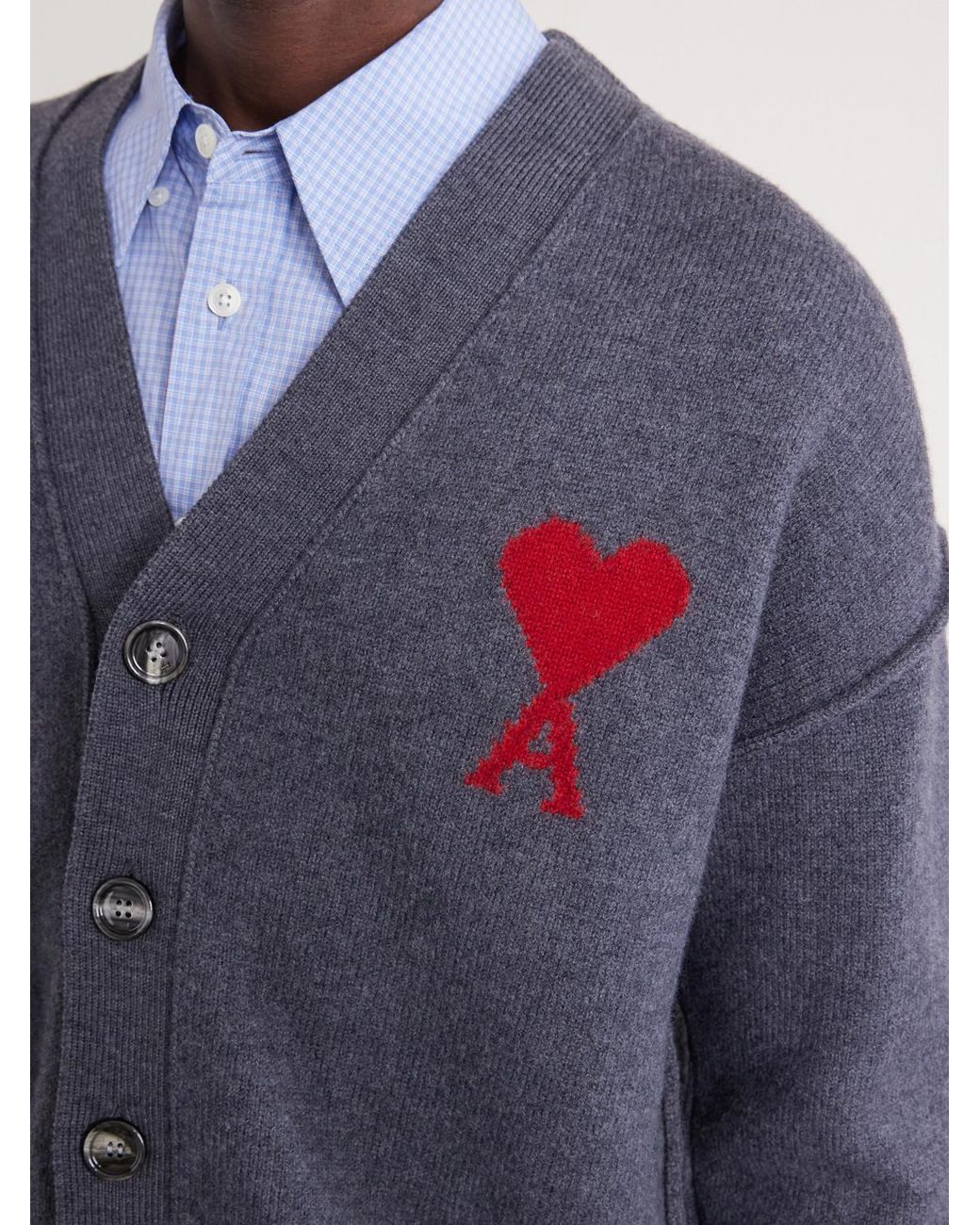 AMI Blue Logo-Intarsia Merino Wool Cardigan for men