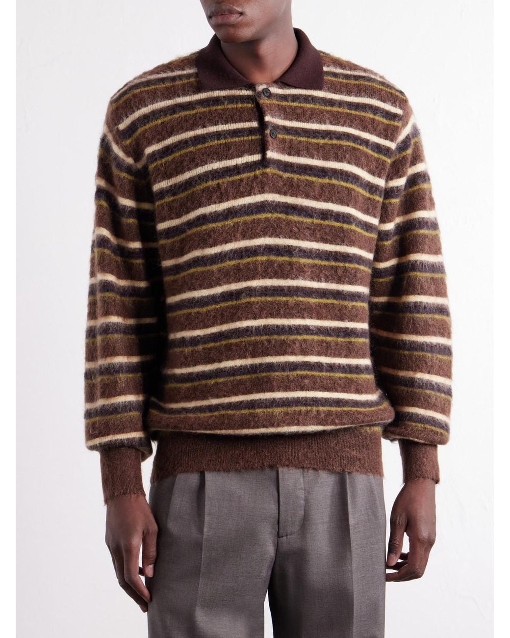 Ssstein Brown Striped Brushed-Knit Polo Shirt for men