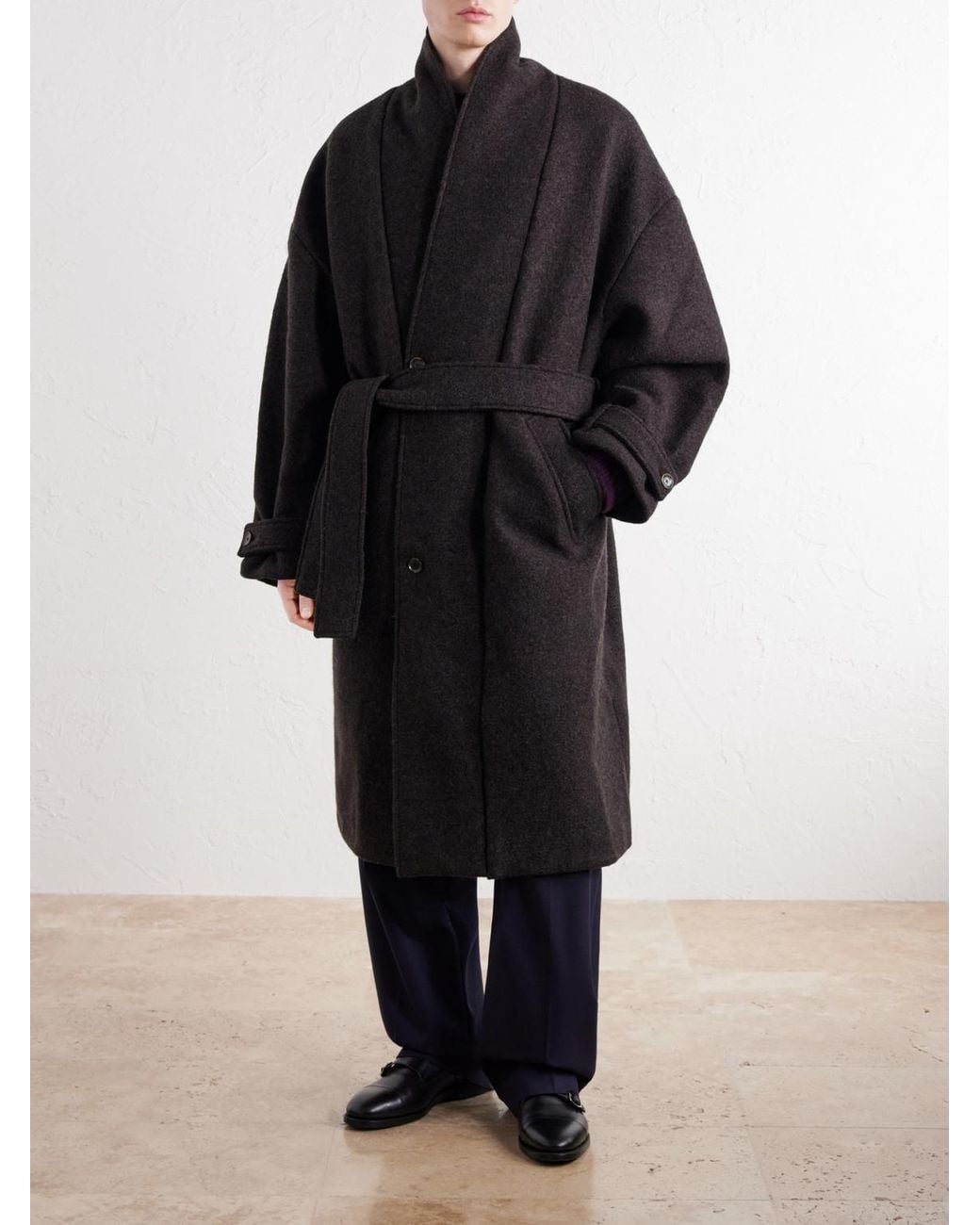 A Kind Of Guise Black Jaca Shawl-Collar Belted Virgin Wool-Felt Coat for men