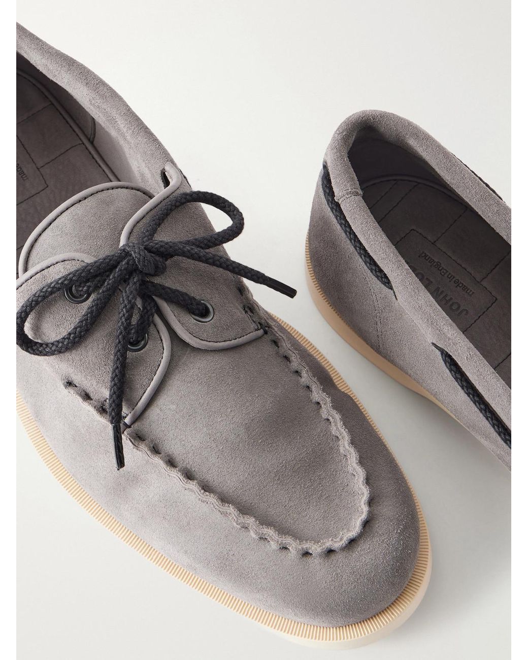 John Lobb White Foil Suede Boat Shoes for men
