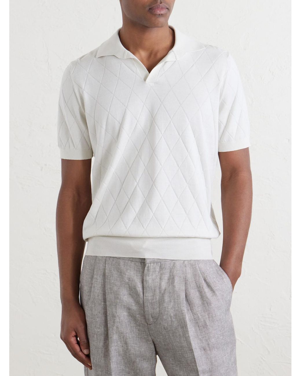 Brunello Cucinelli White Open-Collar Knitted Cotton Polo Shirt for men