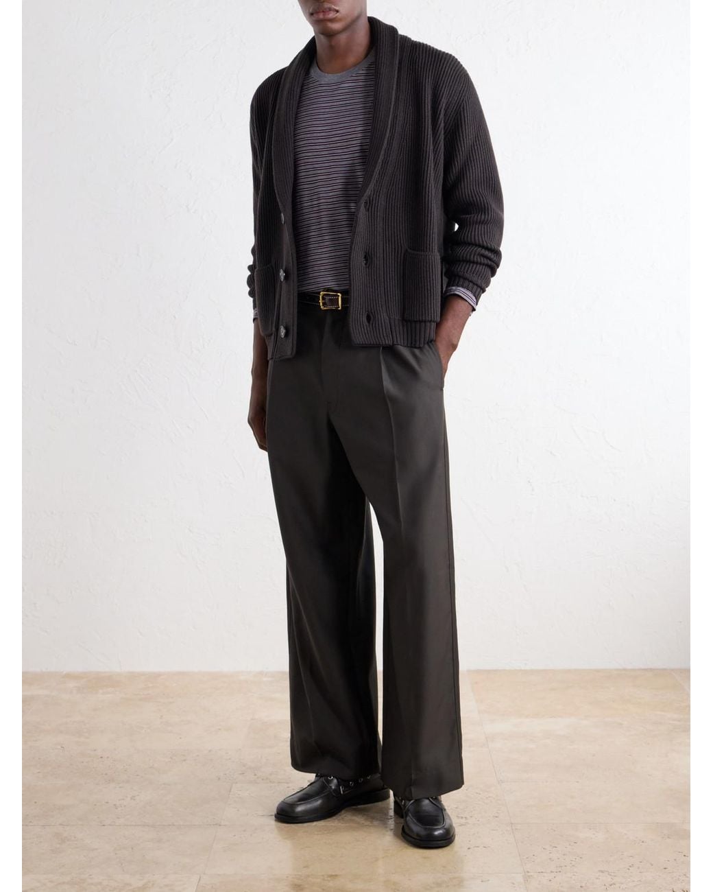 Thom Sweeney Black Shawl-Collar Ribbed Merino Wool Cardigan for men