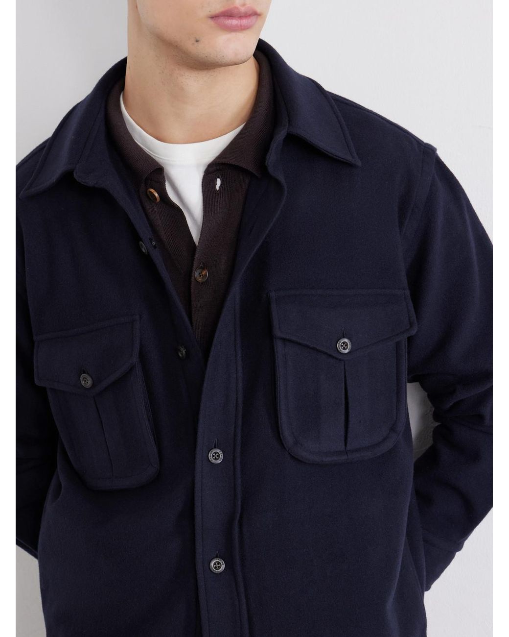 Caruso Blue Brushed Wool Overshirt for men