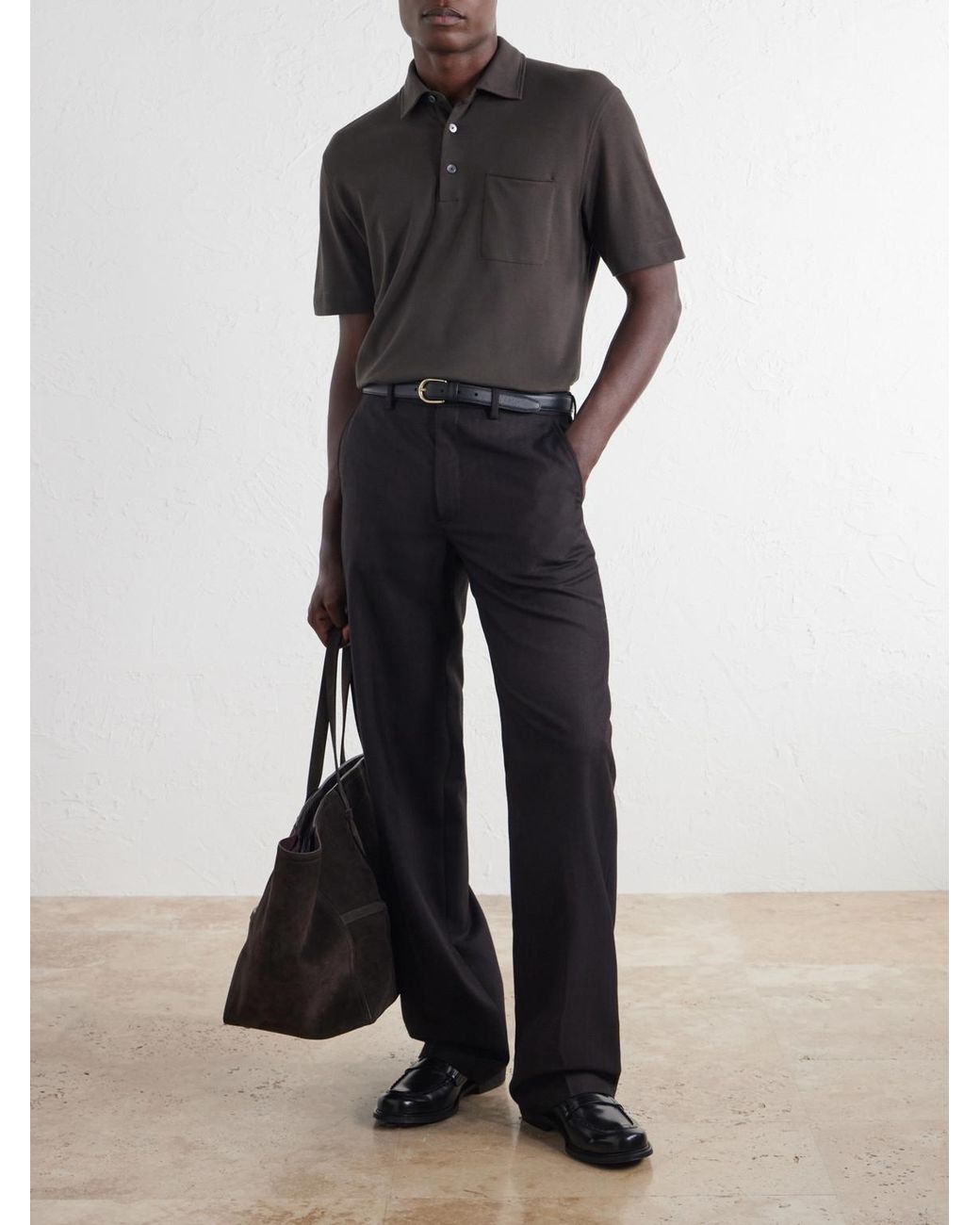 Zegna Black Leather-Trimmed Cotton-Piqué Polo Shirt for men