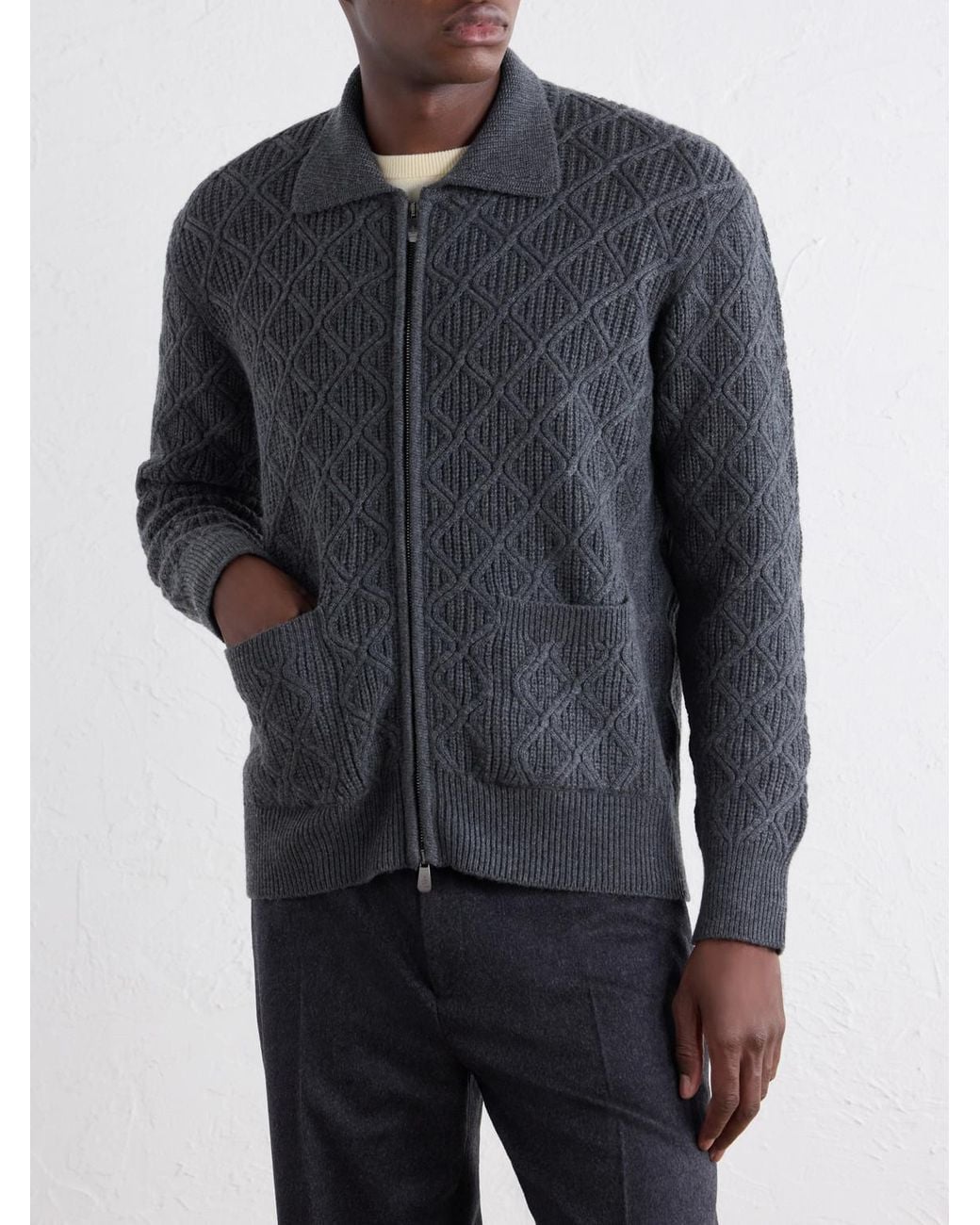 Piacenza 1733 Gray Cable-Knit Virgin Wool Zip-Up Sweater for men