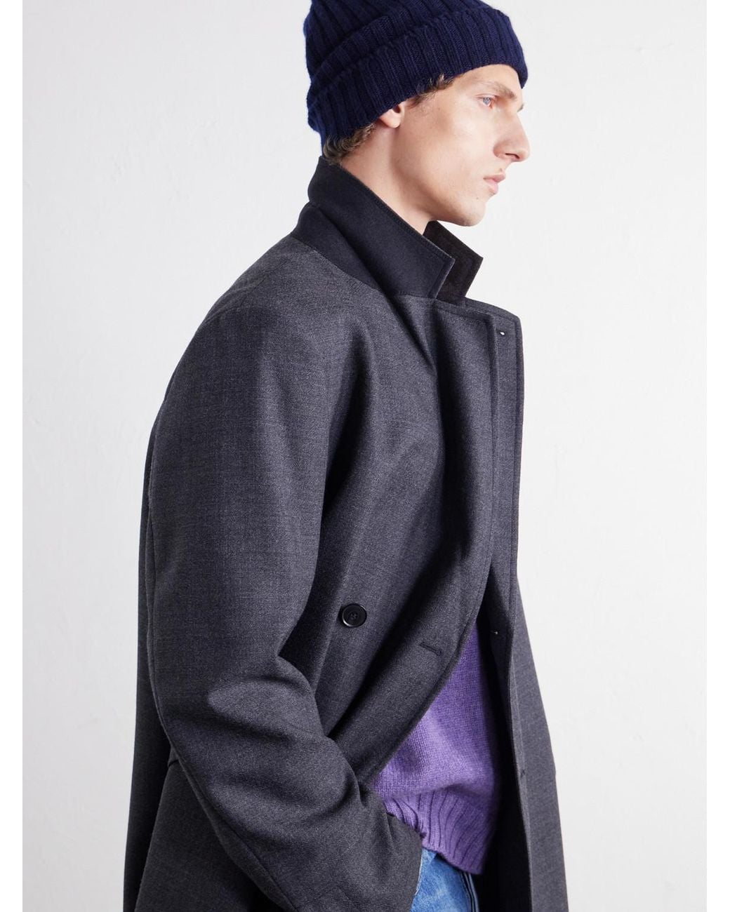Thom Sweeney Blue Ribbed Cashmere Beanie for men