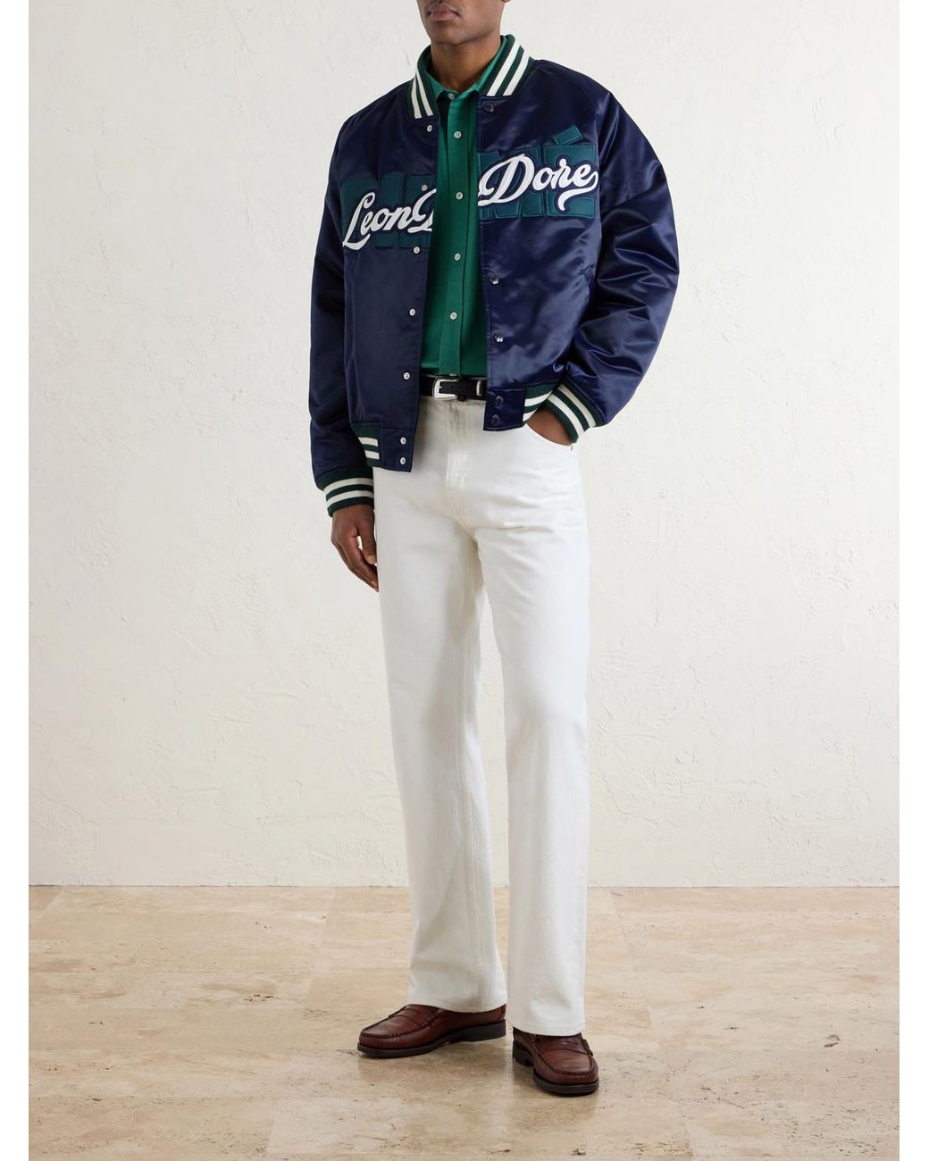 Aimé Leon Dore Blue Logo-Embroidered Satin Varsity Jacket for men