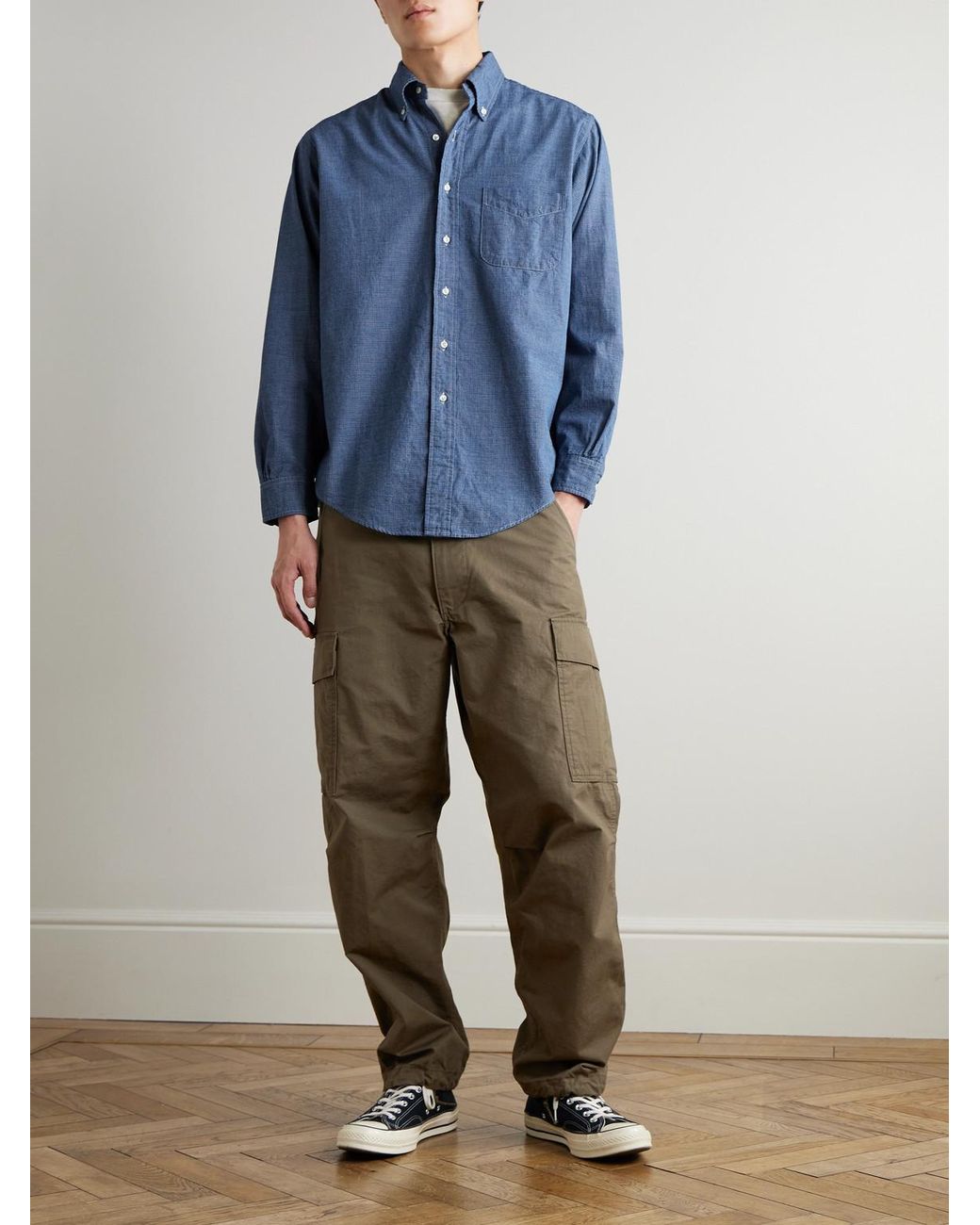 Orslow Blue Button-Down Collar Checked Cotton-Chambray Shirt for men